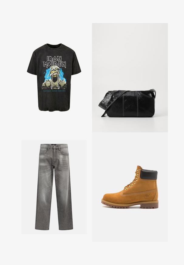 Fleece vest in dark olive green with a high collar, zip closure, and left chest pocket. Features textured fabric and side pockets.; Black cotton T-shirt featuring a graphic of a skull wrapped in bandages and chains, with blue lightning elements and "Iron Maiden World Tour 1984-85."; Gray denim jeans with a loose fit, featuring whiskering and fading details, a classic five-pocket design, and a button closure.; Tan suede ankle boot with black padded collar, gold metal eyelets, white stitching detailing, and rugged rubber sole with pronounced treads.; Black leather shoulder bag with a zip closure, featuring a textured body, white stitching, and a strap with silver grommets.