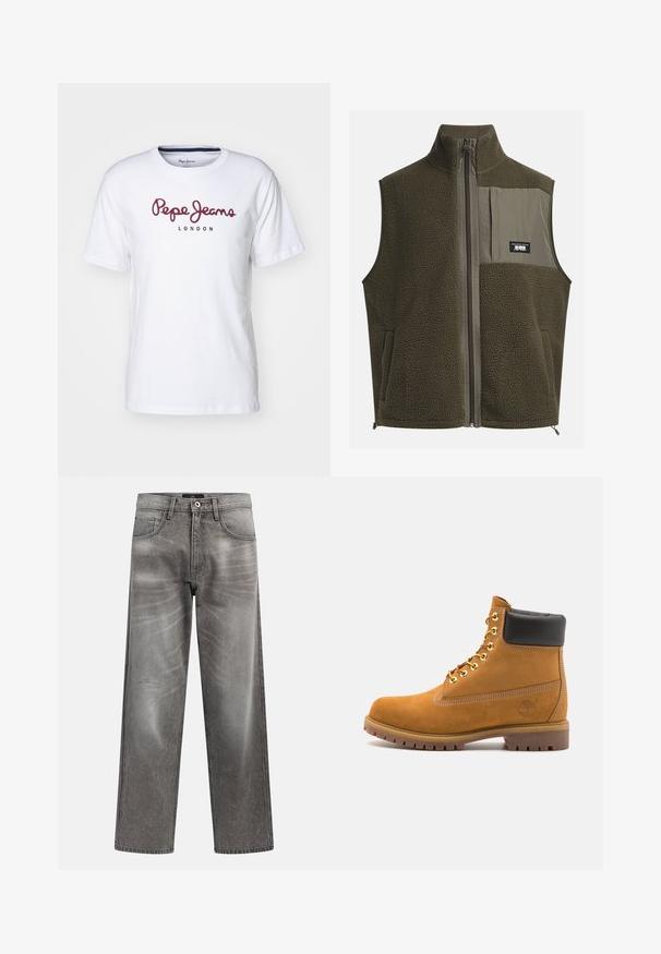 Fleece vest in dark olive green with a high collar, zip closure, and left chest pocket. Features textured fabric and side pockets.; White cotton t-shirt featuring maroon "Pepe Jeans" logo and "LONDON" text, round neck, short sleeves, and a relaxed fit.; Gray denim wide-leg jeans with a faded finish, classic five-pocket design, and a metal button closure. Textured fabric with subtle wear details.; Tan suede ankle boot with black padded collar, gold metal eyelets, white stitching detailing, and rugged rubber sole with pronounced treads.