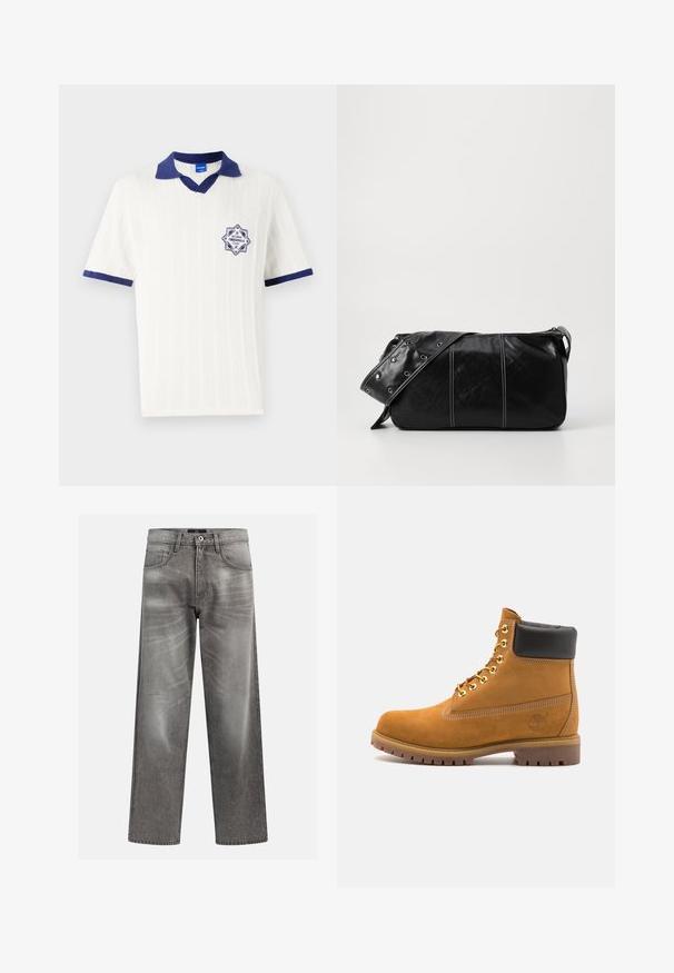 Sötét olíva zöld színű fleece mellény magas gallérral, cipzáras záródással és bal oldali mellzsebbe. Texturált anyaggal és oldalzsebekkel rendelkezik.; Fehér, rövid ujjú póló ing, sötétkék gallérral és díszítéssel. Texturált mintázattal rendelkezik, valamint egy sötétkék emblémával, amelyen az "EST 1980" felirat látható.; Szürke farmernadrág, laza fazonnal, kopott és kifakulás részletekkel, klasszikus öt zsebes kialakítással és gombos záródással.; Barna velúr bokacipő fekete párnázott gallérral, arany fém fűzőlyukakkal, fehér varrási részletekkel és durva gumitalppal, amelynek kifejezett barázdái vannak.; Fekete bőr válltáska, cipzárral zárva, texturált felülettel, fehér varrással és ezüst fémgyűrűs pánttal.