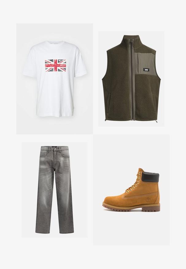 Flis vest u tamno maslinastoj boji s visokim ovratnikom, zatvaranjem na munje i džepom na lijevoj strani prsa. Ima teksturiranu tkaninu i bočne džepove.; Bijela pamučna majica s istrošenim dizajnom Union Jack u crvenoj i plavoj boji u središtu. Kratki rukavi i stil okruglog izreza.; Sive traperice s labavim krojem, koje sadrže detalje izbjeljivanja i izbjeljivanja, klasični dizajn s pet džepova i kopčanje na gumbe.; Antracitne antilop čizme do gležnjeva s crnim podstavljenim ovratnikom, zlatnim metalnim rupicama, bijelim šavovima i robusnom gumenom potplatom s izraženim šarama.