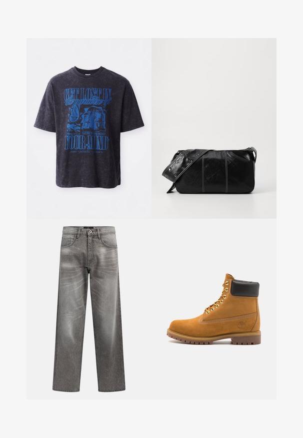 Fleecevest i mørk olivengrønn med høy krage, glidelås og lomme på venstre bryst. Har teksturert stoff og sidelommer.; Oversized svart bomull T-skjorte med blå grafisk tekst og bilder, inkludert en sommerfugl og et stilisert ansikt, i en slitt finish.; Grå denim jeans med vide ben, falmet finish, klassisk design med fem lommer og metallknapp.; Beige semskede ankelstøvel med svart polstret krage, gullmetalløyer, hvite sømdetaljer og robust gummisåle med påfallende mønster.; Svart lær skulderveske med glidelås, med teksturert overflate, hvite sømmer og en stropp med sølvringer.