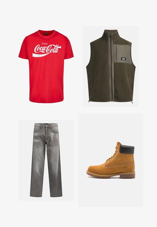 Fleecevest i mørk olivenfarve med høj krave, lynlåslukning og brystlomme til venstre. Har tekstureret stof og sidelommer.; Rød bomuld t-shirt med korte ærmer, der har et hvidt "Coca-Cola" logo og bølget design på brystet. Klassisk crew neck stil.; Grå denim jeans med en løs pasform, der har whiskering og falmede detaljer, et klassisk fem-lomme design og en knaplukning.; Tan nubuck ankelstøvle med sort polstret krave, gyldne metaløjer, hvid syning detaljer og robust gummisål med udtalte slidbaner.