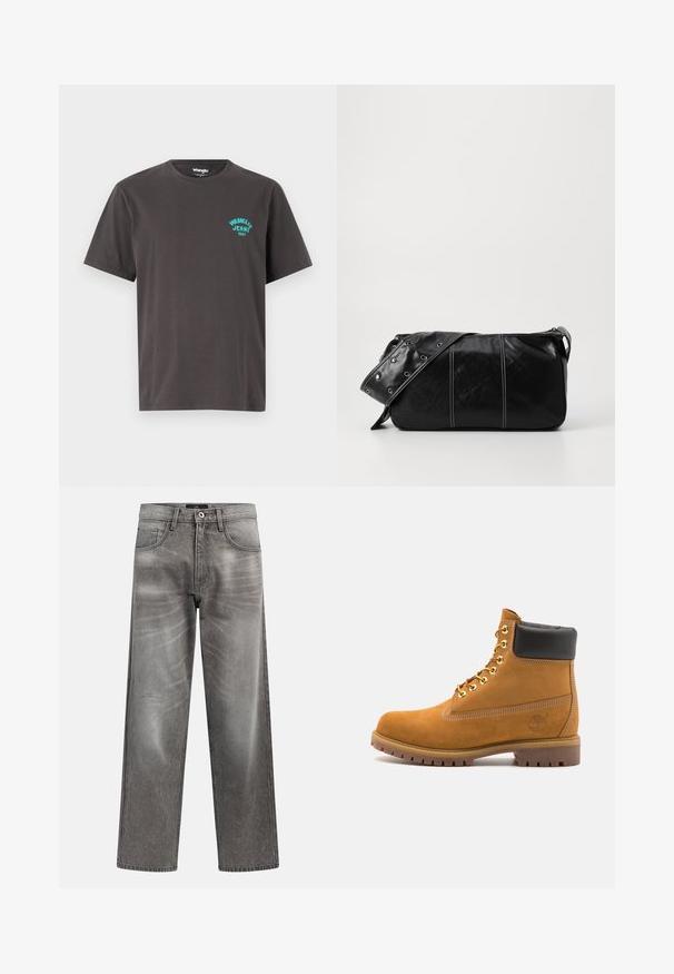 Flisasta brezrokavnika v temno olivno zeleni barvi z visokim ovratnikom, zadrgo in žepom na levem prsnem delu. Ima teksturirano blago in stranske žepe.; Temno siva majica iz bombaža s kratkimi rokavi, okroglim izrezom in turkiznim logotipom "Wrangler Jeans 1947" natisnjenim na levi strani.; Sive široke kavbojke iz jeansa z bledim zaključkom, klasičnim petžepnim dizajnom in zapiranjem na kovinski gumb. Teksturirano blago z nežnimi detajli obrabe.; Svetlo rjave anklne čizme iz semiša z črnim oblazinjenim ovratnikom, zlatimi kovinskimi očesci, belimi šivi in robustnim gumijastim podplatom s izrazitimi tredi.; Črna usnjena torba za ramo z zadrgo, ki ima teksturirano telo, belo šivanje in trak s srebrnimi luknjami.