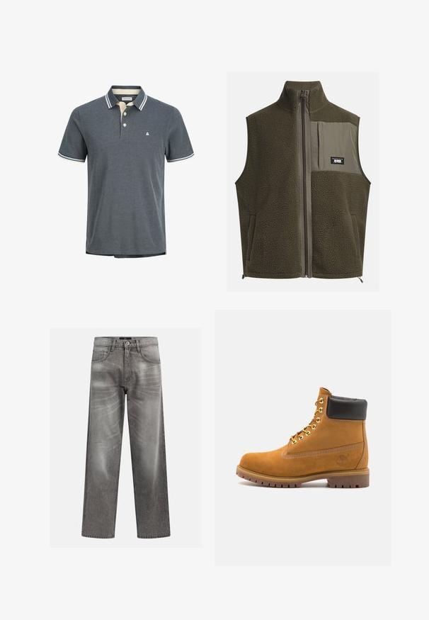 Fleece vest in donkergroen olijf met een hoge kraag, ritssluiting en een borstzak aan de linkerkant. Beschikt over een textuurstof en zijzakken.; Heren polo shirt in donkergrijs met een gestructureerde weving. Voorzien van een crèmekleurige kraag met marineblauwe strepen en een placket met drie knopen. Klein logo op de borst.; Grijze denims met een losse pasvorm, voorzien van whiskering en vervagingdetails, een klassieke vijf-pocketontwerp en een knoopsluiting.; Tan suède enkelboot met zwart gevoerd kraagje, gouden metalen oogjes, witte stikdetails en een robuuste rubberen zool met uitgesproken profiel.