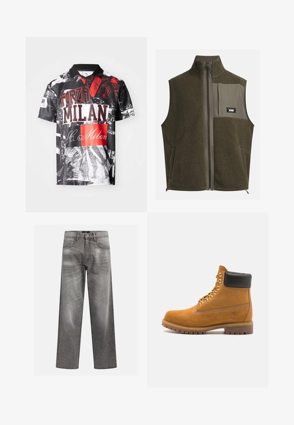 Fleecevest i mørk olivenfarve med høj krave, lynlåslukning og brystlomme til venstre. Har tekstureret stof og sidelommer.; Kortærmet polo skjorte lavet af letvægtsstof, med en sort base og røde og hvide grafiske tryk, tekst og varierede teksturer.; Grå denim jeans med en løs pasform, der har whiskering og falmede detaljer, et klassisk fem-lomme design og en knaplukning.; Tan nubuck ankelstøvle med sort polstret krave, gyldne metaløjer, hvid syning detaljer og robust gummisål med udtalte slidbaner.