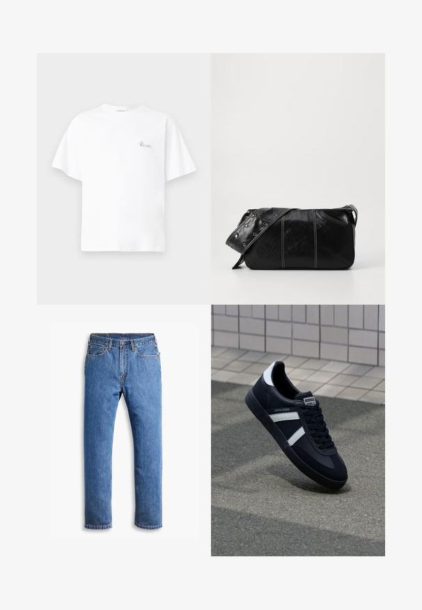 Fleece-Weste in dunkelolivgrün mit hohem Kragen, Reißverschluss und einer linken Brusttasche. Verfügt über texturierten Stoff und seitliche Taschen.; Weißes Baumwoll-T-Shirt mit lockerer Passform, rundem Halsausschnitt, kurzen Ärmeln und einem kleinen, auf der Brust gestickten "La Bellavista"-Logo.; Blaue Jeans aus Denim mit geradem Schnitt, mit fünf Taschen, einem Knopfverschluss und orangefarbenen Nähten auf einem klaren weißen Hintergrund.; Schwarze Leder-Sneaker mit weißen Streifen, strukturiertem Gummisohle und Schnürung. Verfügt über ein Markenetikett auf der Zunge.; Schwarze Leder Schultertasche mit Reißverschluss, ausgestattet mit einer strukturierten Oberfläche, weißen Nähten und einem Tragegurt mit silbernen Ösen.