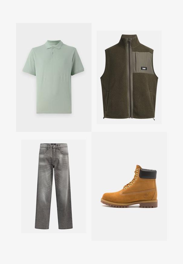 Fleece vest in donkergroen olijf met een hoge kraag, ritssluiting en een borstzak aan de linkerkant. Beschikt over een textuurstof en zijzakken.; Lichtgroen polo shirt van katoen, met een klassieke kraag, een twee-knops sluiting en korte mouwen met een subtiele logodetail.; Grijze denims met een losse pasvorm, voorzien van whiskering en vervagingdetails, een klassieke vijf-pocketontwerp en een knoopsluiting.; Tan suède enkelboot met zwart gevoerd kraagje, gouden metalen oogjes, witte stikdetails en een robuuste rubberen zool met uitgesproken profiel.