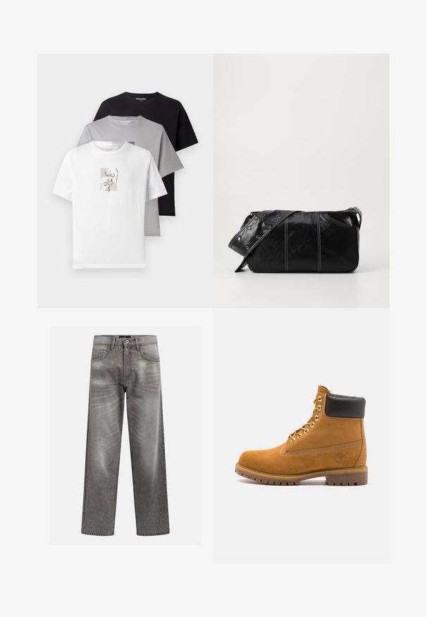 Colete de fleece em verde oliva escuro com colarinho alto, fecho de zip e bolso no lado esquerdo do peito. Apresenta tecido texturizado e bolsos laterais.; Três t-shirts em branco, cinza e preto. Mangas curtas, decotes redondos. A camiseta branca apresenta um sutil design gráfico de caveiras. Material em algodão.; Jeans em denim cinza com um corte largo, apresentando detalhes de desgaste e desbotamento, um design clássico de cinco bolsos e fechamento em botão.; Botim de tornozelo em camurça bege com colarinho acolchoado preto, ilhós de metal dourado, detalhes de costura branca e sola de borracha robusta com sulcos pronunciados.; Bolsa de ombro em couro preto com fecho em zíper, apresentando um corpo texturizado, costura branca e uma alça com ilhós prateados.