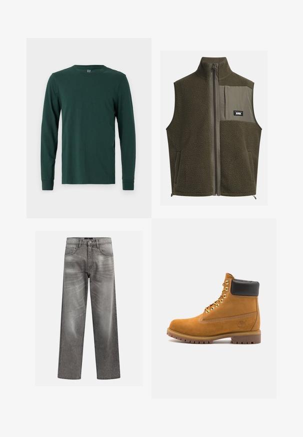 Cielā vilnas veste tumši olīvu zaļā krāsā ar augstu apkakli, rāvējslēdzēja aizdari un kreiso krūšu kabatu. Iezīmē teksturētu audumu un sānu kabatas.; GAP EVERYDAY SOFT CREW SOLIDS - Tops ar garām piedurknēm - green; Pelēki denim džinsi ar brīvu piegriezumu, ar izsistu un izbalējušu detaļu, klasisko piecu kabatu dizainu un pogu aizdari.; Brūna zamša potīte ar melnu izšuvumu ap kaklu, zelta metāla acu caurumi, balta šuvju apdare un izturīgs gumijas zole ar izteiktu zīmējumu.