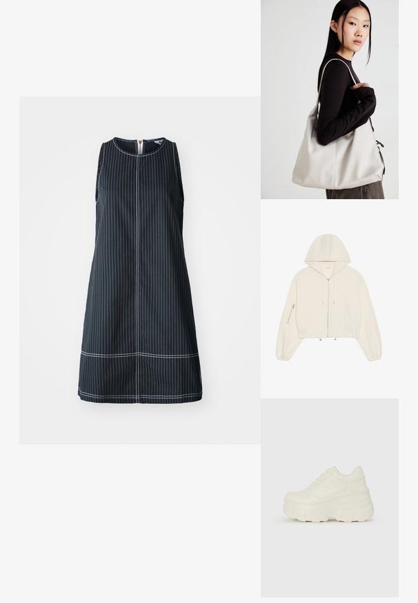 Λευκή cropped φούτερ φτιαγμένη από μαλακό ύφασμα, με μπροστινό φερμουάρ, κορδόνι ρύθμισης και τσέπη με φερμουάρ στο μανίκι. Μακριά, φουσκωτά μανίκια.; Αμάνικο ναυτικό φόρεμα με λευκές κατακόρυφες ρίγες, στρογγυλή λαιμόκοψη και φερμουάρ στην πλάτη. Διαθέτει ίσια γραμμή και αντίθετες λεπτομέρειες ραφής.; Λευκά αθλητικά παπούτσια με πλατφόρμα, διαθέτουν λείο επάνω μέρος που μοιάζει με δέρμα, στρογγυλή σιλουέτα, επενδυμένο κολάρο και υφασμένο καουτσούκ σόλα με καθορισμένα μοτίβα.; Μπεζ τσάντα χειρός από μαλακό υλικό, με χαλαρή σχεδίαση, ραφές και δύο λουράκια ώμου. Κατάλληλη για καθημερινή χρήση.