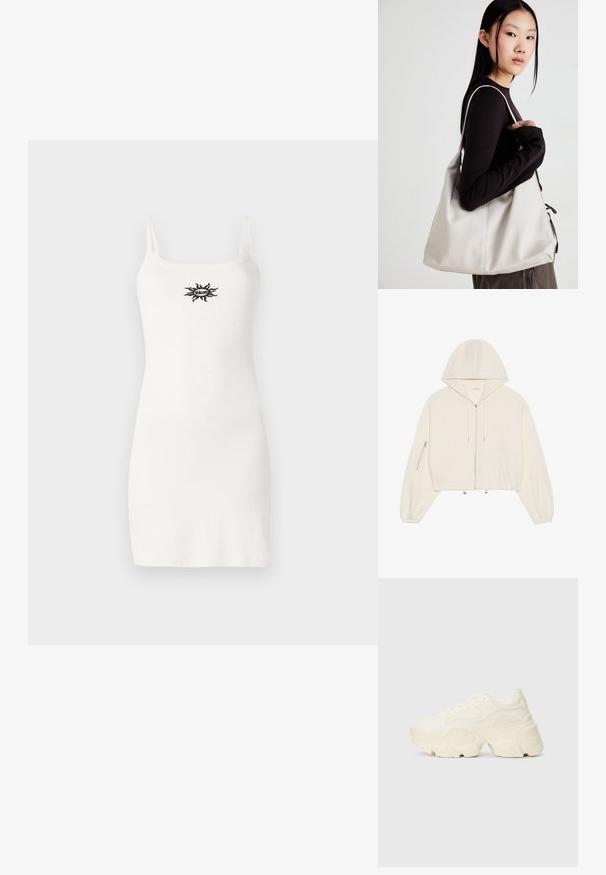 Cropped white hoodie made of soft fabric, featuring a front zipper, drawstring, and a zippered pocket on the sleeve. Long, voluminous sleeves.; White tank dress with thin straps, fitted design, and a small black graphic logo on the chest, made from a smooth cotton blend fabric.; Chunky white sneakers made of textured mesh and synthetic materials, featuring a thick sole and intricate pattern details along the sides.; Beige handbag made of soft material, featuring a slouchy design, stitched detailing, and two shoulder straps. Suitable for everyday use.