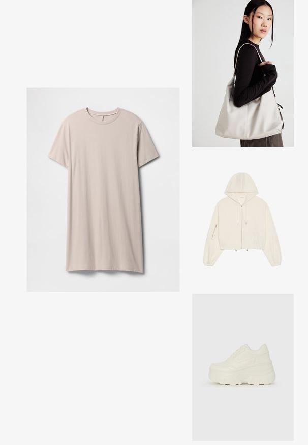 Skraćeni bijeli dukserica s kapuljačom, izrađena od mekanog materijala, s prednjim zatvaračem, špagom i džepom na rukavu s patentnim zatvaračem. Dugi, bujni rukavi.; Svijetlosmeđa majica haljina od mekog pamuka, s kratkim rukavima, okruglim izrezom i ravnim krojem s glatkom teksturom.; Bijele platformske tenisice s glatkim gornjim dijelom koji nalikuje koži, zaobljenim oblikom, podstavljenim okvirom i teksturiranim gumeni potplat s definiranom profilacijom.; Bežna torba od mekog materijala s opuštenim dizajnom, šivanim detaljima i dva remena za rame. Pogodna za svakodnevnu upotrebu.