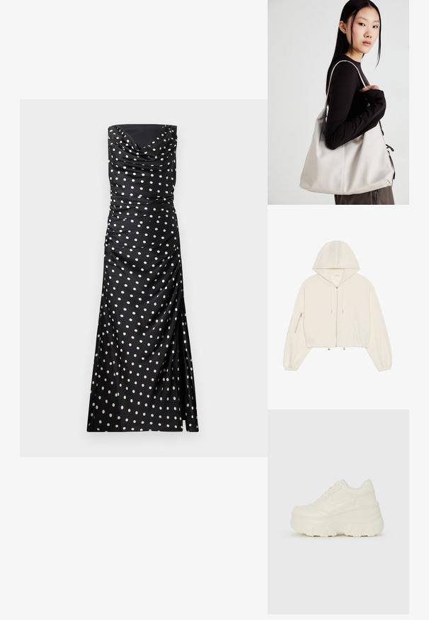 Hanorac alb scurt, realizat dintr-un material moale, cu un fermoar frontal, șnur și o buzunar cu fermoar pe mânecă. Mâneci lungi și voluminase.; Rochie de seară neagră, fără bretele, cu buline crem, având țesătură drapată, detalii plisate și o siluetă ajustată, fluidă.; Adidași platformă albi, cu un superior neted asemănător cu pielea, formă rotunjită, guler căptușit și talpă din cauciuc texturată cu borduri bine definite.; Geantă bej din material moale, cu un design lejer, detalii cusute și două bretele pentru umăr. Potrivită pentru utilizarea zilnică.