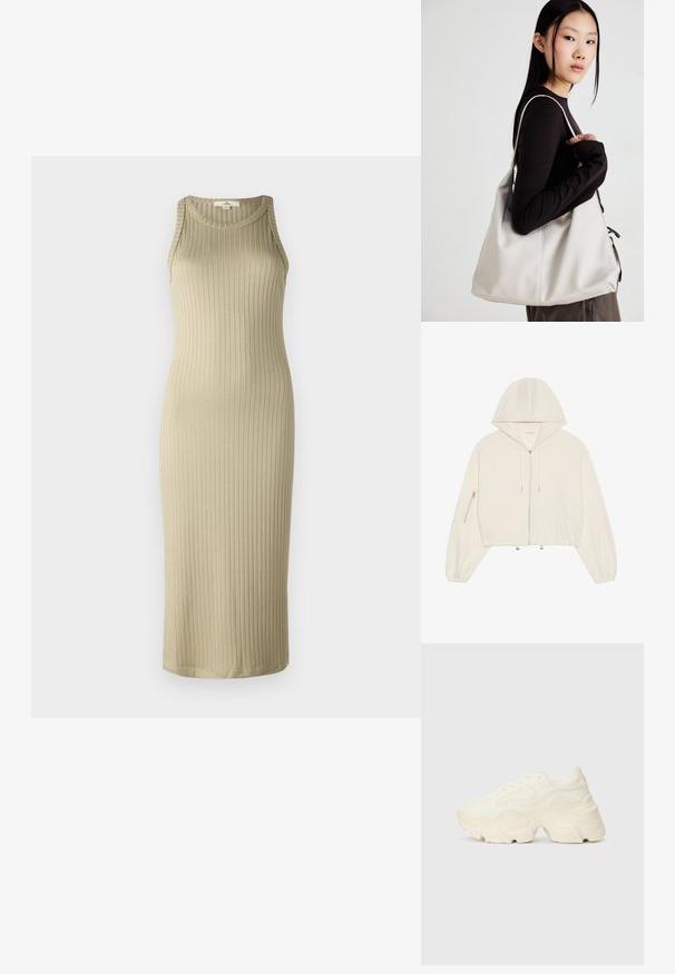Supintas baltas džemperis iš minkštos medžiagos, su priekiniais užtrauktukais, raišteliu ir užtrauktuku užtrauktuku ant rankovės. Ilgos, apimtos rankovės.; Ribotu, smėlio spalvos midi suknelė su prigludusia siluetu, be rankovių dizainu ir apvaliu iškirpimu; pagaminta iš minkštos, tamprios medžiagos.; Masyvios baltos sportbačiai, pagaminti iš tekstūruoto tinklelio ir sintetinių medžiagų, pasižymintys storu padu ir išsamiu raštų detalizavimu šonuose.; Bežinė rankinė, pagaminta iš minkštos medžiagos, turinti laisvą dizainą, siuvinėtas detalės ir dvi petnešos. Tinkama kasdieniam naudojimui.