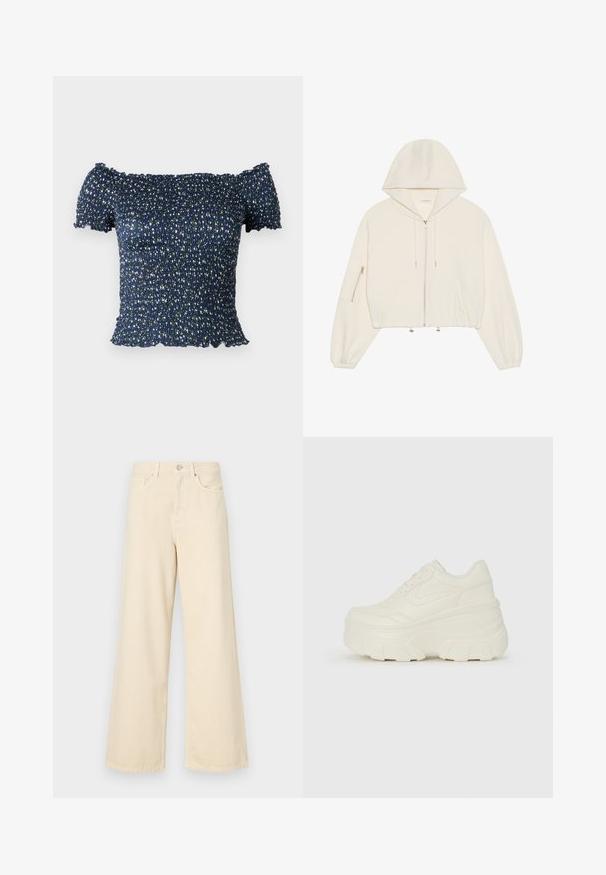 Hanorac alb scurt, realizat dintr-un material moale, cu un fermoar frontal, șnur și o buzunar cu fermoar pe mânecă. Mâneci lungi și voluminase.; Top bleu marin, off-the-shoulder, din țesătură smock, cu un model floral ce include mici flori albe și verzi. Textură moale, cu mâneci scurte.; Blugi bej cu croi larg, din bumbac. Au închidere cu nasture, bucle pentru curea și buzunare frontale, cu o textură netedă și moale.; Adidași platformă albi, cu un superior neted asemănător cu pielea, formă rotunjită, guler căptușit și talpă din cauciuc texturată cu borduri bine definite.