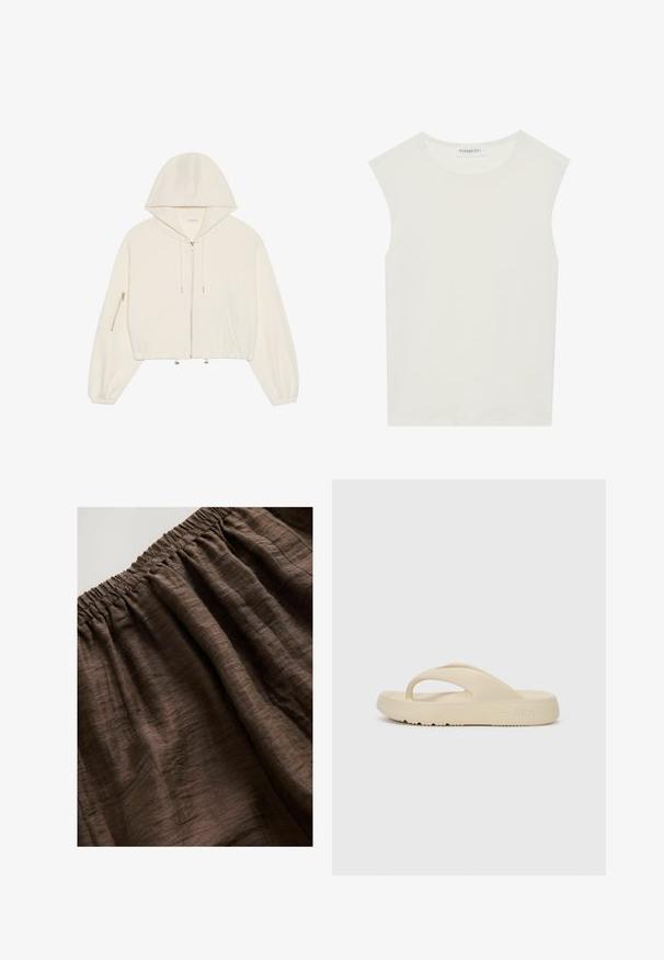 Korte witte hoodie van zacht stof, met een rits aan de voorkant, trekkoord en een ritszak op de mouw. Lange, volumineuze mouwen.; Witte mouwloze top met een ronde halslijn. Gemaakt van gladde stof, het heeft een losse pasvorm en een minimalistisch ontwerp. Geen patronen of accenten.; Bruine elastische tailleband van textuurstof, met zachte, gerimpelde plooien en een rijke, aardse tint. Geschikt voor casual draagstijl.; Beige flip-flop sandaal gemaakt van rubber, met een enkele teenpost en een dikke zool met een profiel. Gemarkeerd met het Fila-logo.