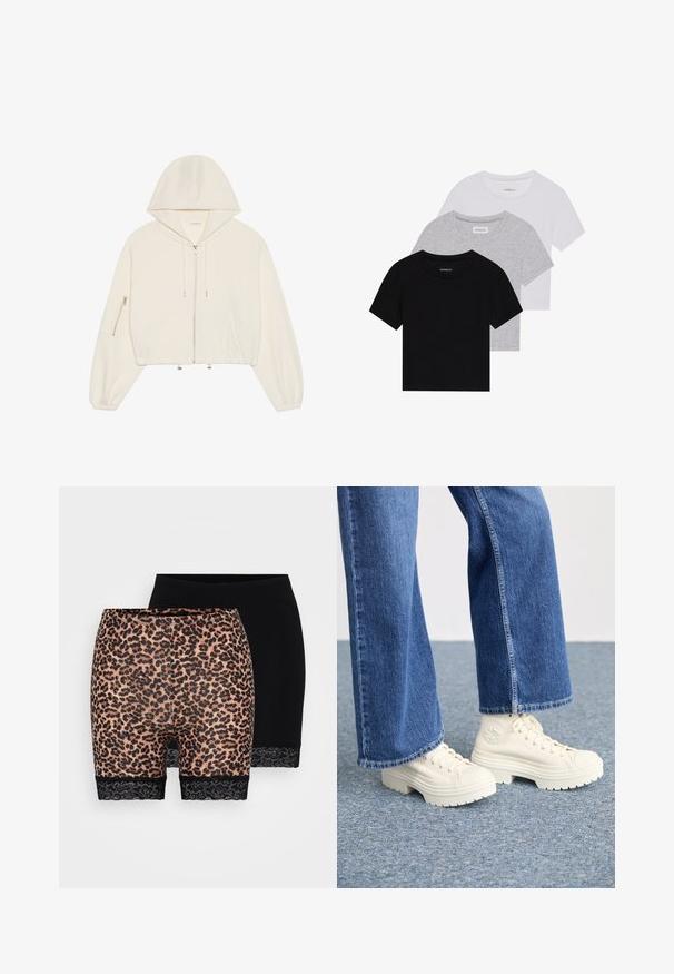 Hoodie branco cropped feito de tecido suave, com fecho frontal, cordão e um bolso com fecho na manga. Mangas longas e volumosas.; Conjunto de três t-shirts de manga curta nas cores preto, cinza e branco. Feitas em algodão, com gola redonda e um design simples, em cores sólidas.; Um par de calções com padrão de leopardo, de textura suave e com rendas pretas, e outro par de calções pretos simples com uma bainha de renda semelhante.; Ténis brancos de cano alto com solas grossas e estriadas e detalhe de logótipo circular, usados com jeans de ganga de perna larga em azul claro.