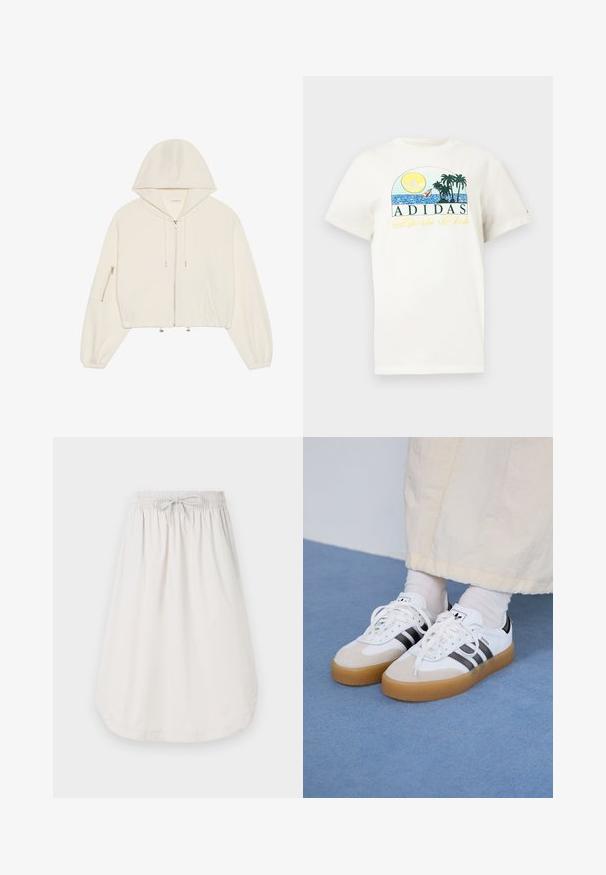 Hanorac alb scurt, realizat dintr-un material moale, cu un fermoar frontal, șnur și o buzunar cu fermoar pe mânecă. Mâneci lungi și voluminase.; T-shirt alb din bumbac cu un design grafic ce prezintă un soare, palmieri și apă. "ADIDAS Sports Club" imprimat în verde și galben.; New Balance Fustă în formă de A - grey matter; Adidași albi cu dungi negre și accente din suede bej. Au talpă din cauciuc texturat și șireturi albe plate, purtați cu șosete de culori deschise.