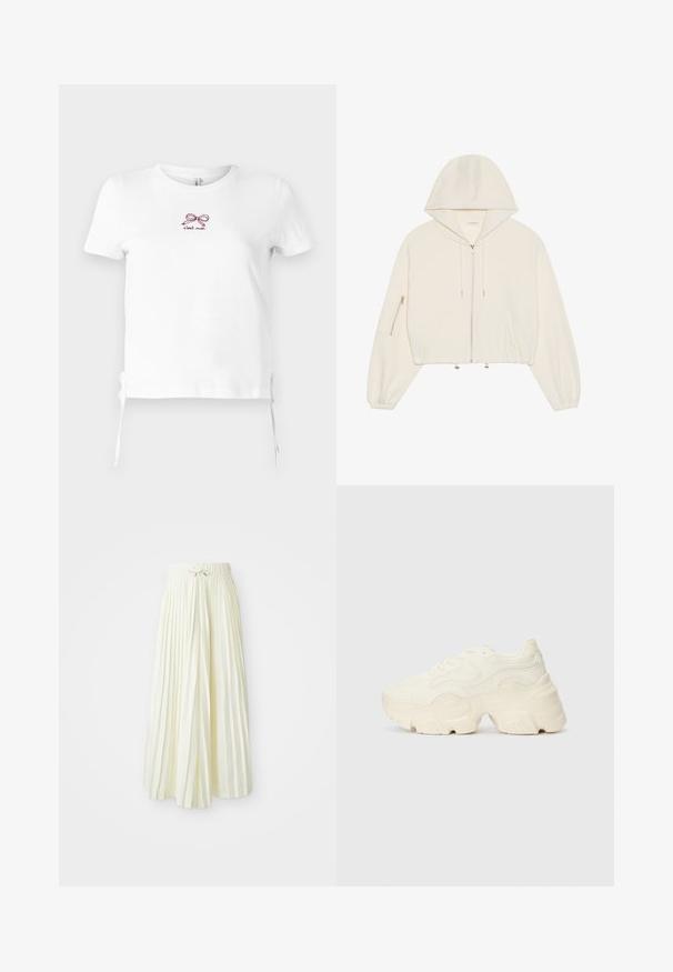 Kuttet hvit hettegenser laget av myk stoff, med frontglidelås, snor og en glidelåslomme på ermet. Lange, voluminøse ermer.; Hvit bomull t-skjorte med kort erm. Har et lite burgunder broderi av en sløyfe og teksten "c'est moi." Sidelisser i kanten.; Plisse midi-skjørt i lys gul stoff, med elastisk midjebånd med knyting, glatt tekstur og vertikale striper for ekstra detaljer.; Chunky hvite sneakers laget av teksturert mesh og syntetiske materialer, med en tykk såle og intrikate mønsterdetaljer langs sidene.