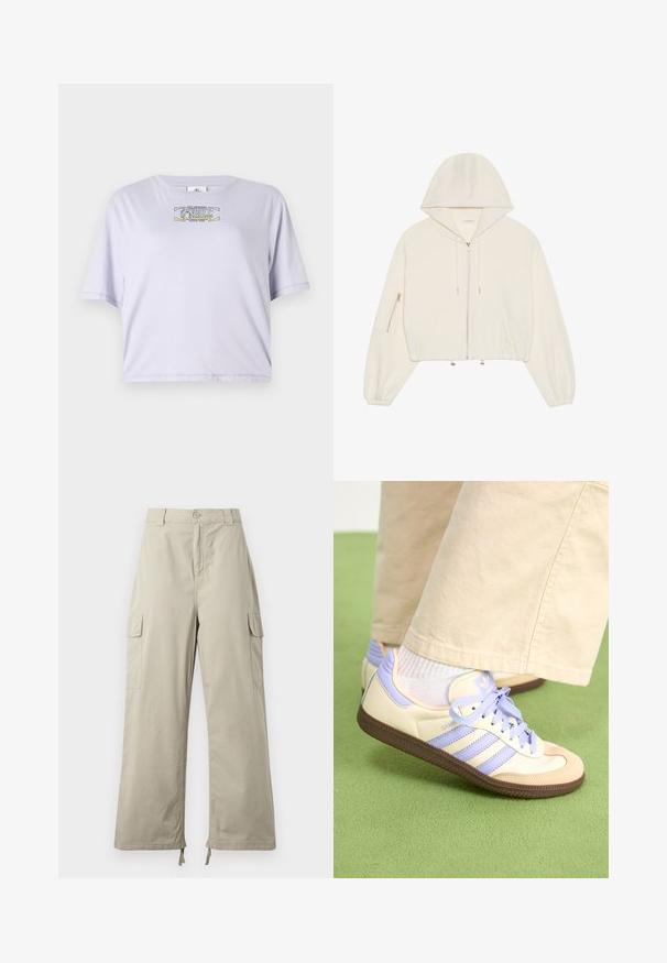 Lühendatud valge kapuutsiga särk, mis on valmistatud pehmest kangast. Esiküljel on kahe suunaga tõmblukk, nöör ja tõmblukuga tasku varrukal. Pikad, volüümsed varrukad.; Lilla lühikeste varrukatega t-särk, mis on valmistatud pehmest puuvillast, ümarate kaelustega. Keskel on trükk, mis sisaldab teksti ja graafilisi aktsente.; Heledad beez cargo püksid lõdva istuvusega, nupuvajutusega kinnitamine, küljetaskud ja reguleeritav äär sidemetega. Sile kangatekstuur.; Kreemi ja lavendlivärvi tenniset, millel on kolm triipu ja tekstuuriga pruun tall, varustatud paelte ja pehmendatud kontsaga. Pehme kangast ülemine osa.