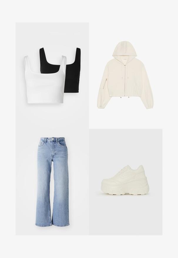 Gekürzter weißer Hoodie aus weichem Stoff mit einem vorderen Reißverschluss, Kordelzug und einer Reißverschlusstasche am Ärmel. Lange, voluminöse Ärmel.; Even&Odd 2 PACK - Top - black/white; Himmelblaue hochtaillierte Schlagjeans mit vorderen und hinteren Taschen, Knopfverschluss und dezentem Verblassen an den Oberschenkeln und Säumen.; Weiße Platform Sneakers mit einem glatten, lederähnlichen Obermaterial, abgerundeter Form, gepolstertem Kragen und strukturierten Gummisohlen mit ausgeprägten Stollen.