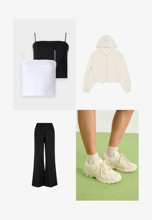 Hanorac alb scurt, realizat dintr-un material moale, cu un fermoar frontal, șnur și o buzunar cu fermoar pe mânecă. Mâneci lungi și voluminase.; Două topuri camizolă alegreată, unul negru și unul alb. Realizate dintr-un material moale, cu bretele subțiri și ajustabile. Textură netedă, design simplu, fără modele notabile.; Pantaloni negri cu croi larg, realizati dintr-un material usor. Au talie elastica si un design fluid, reaching până la podea.; Adidași de culoare bej deschis, cu țesătură texturată, vârf rotund și talpă căptușită. Poartă șosete bej până la gleznă, pe o suprafață verde.