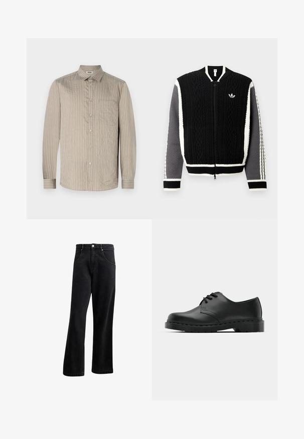 Pull noir en tricot avec fermeture éclair, motifs texturés, accents blancs et manches grises. Comprend un petit logo sur la poitrine et des poignets côtelés.; Chemise à boutons beige clair avec des rayures verticales, manches longues, col et poche poitrine. Fabriquée en tissu texturé avec une finition douce.; Jeans en denim noir avec une coupe droite, dotés de poches avant, d'une fermeture à bouton et d'une légère texture. Comprend un détail de logo subtil.; Chaussure oxford en cuir noir avec un design à lacets, bout rond, semelle en caoutchouc plate et détails de surpiqûre discrets le long du dessus.
