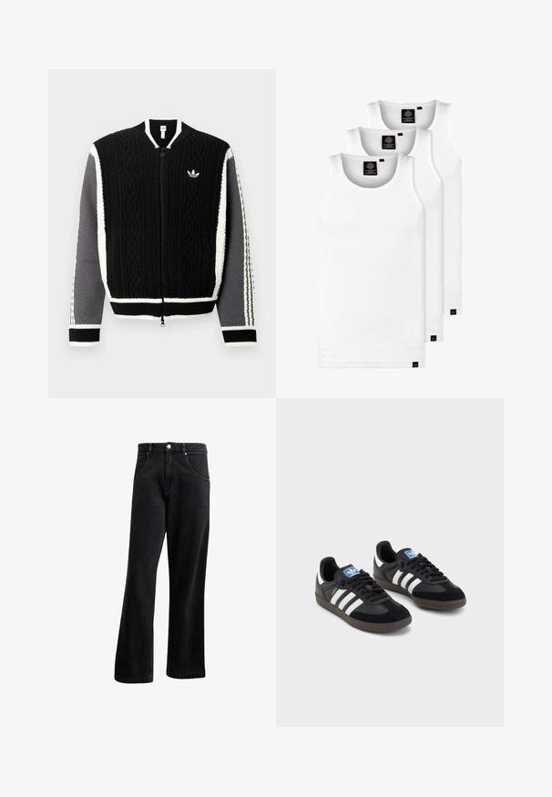 Camisola preta de malha com fecho de correr, padrões texturizados, detalhes brancos e mangas cinzentas. Apresenta um pequeno logótipo no peito e punhos canelados.; Três tops em algodão de alças brancas com nervuras. Apresentam um decote redondo e pequenas etiquetas pretas perto da bainha. Disponíveis em vários tamanhos.; Jeans de ganga preta com um design de perna reta, apresentando bolsos frontais, fecho de botão e uma leve textura. Inclui um detalhe de logótipo discreto.; Sneakers pretos com parte superior em camurça e sintético, apresentando três riscas brancas, sola de borracha texturizada e etiqueta azul no linguete.