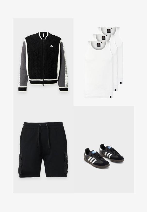 Sort strikket trøje med lynlås med teksturerede mønstre, hvide accenter og grå ærmer. Har et lille logo på brystet og ribbede manchetter.; Tre hvide ribbede tanktops lavet af bomuld. Har en rund hals og små sorte mærker nær sømmen. Fås i flere størrelser.; Sort cargo shorts lavet af en bomuldsblanding, med to sidelommer, justerbar talje med snor og en glat tekstur.; Sorte sneakers med en overdel i ruskind og syntetisk materiale, med tre hvide striber, struktureret gummisål og en blå logoetiket på tungen.