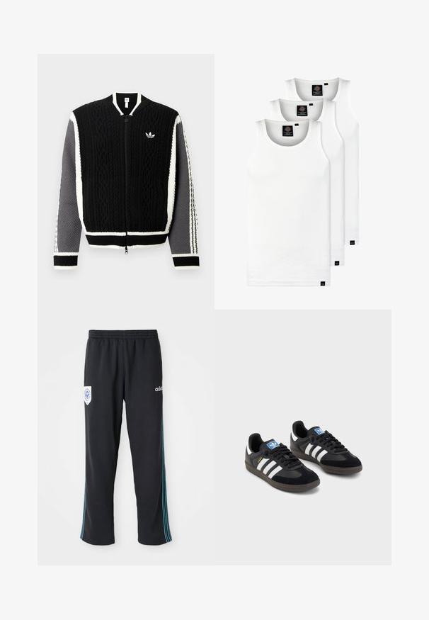 Svart strikket genser med glidelås, teksturerte mønstre, hvite detaljer og grå ermer. Har en liten logo på brystet og ribbestrikkede mansjetter.; Tre hvite ribbestrikkede tank topper laget av bomull. Har en rund hals og små svarte etiketter nær kanten. Tilgjengelig i flere størrelser.; Sorte polyester treningsbukser med elastisk midje, med blå striper på siden og en logo på venstre front hofte.; Svarte sneakers med overdel i semsket lær og syntetisk materiale, med tre hvite striper, strukturert gummisåle og blå logoetikett på tungen.