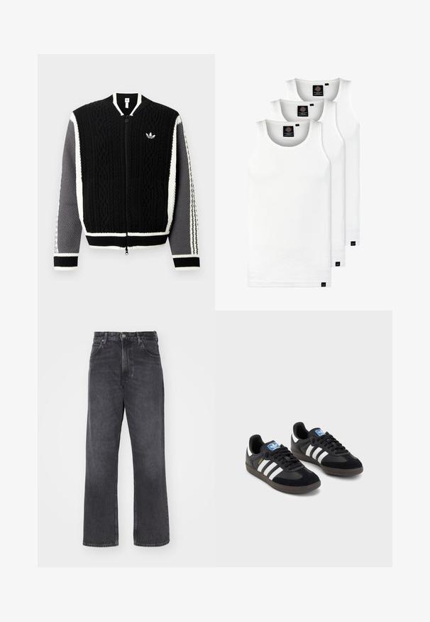 Melns adīts rāvējslēdzēja džemperis ar teksturētām rakstām, baltām detaļām un pelēkām piedurknēm. Uz krūtīm ir neliels logotips un ribveida aproces.; Trīs baltas ribotas krūšturi, kas izgatavoti no kokvilnas. Iezīmēti ar apaļu kakla izgriezumu un maziem melniem etiķetēm tuvu apakšmalai. Pieejami vairākos izmēros.; Augsta josta melni džinsi ar taisnu, platu kāju. Iespējami pieci kabatas, pogu un rāvējslēdzēja aizdare, kā arī viegla izbalēšana uz auduma.; Melnas sporta apavas ar zamšādas un sintētisku augšdaļu, ar trim baltām svītrām, teksturētu gumijas zoli un zilu logo birku uz mēles.