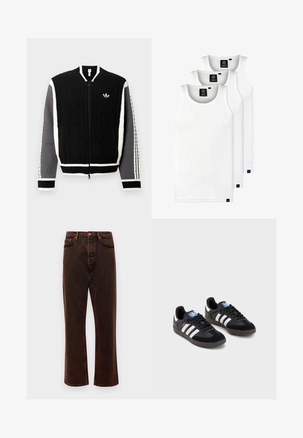 Juodas megztinis su užtrauktuku, pagamintas iš mezgimo su tekstūruotais raštais, baltais akcentais ir pilkomis rankovėmis. Ant krūtinės yra mažas logotipas, o rankogaliai yra riboti.; Trys balti, dryžuoti marškiniai be rankovių, pagaminti iš medvilnės. Yra apvalus kaklas ir maži juodi etiketės netoli siūlės. Siūlomi įvairių dydžių.; Rudi džinsai su tiesiogiu kirpimu, penkiais kišenėmis ir klasikiniais mygtukais. Audinys yra lygus, tekstūrinis paviršius.; Juodi sportiniai bateliai su zomšos ir sintetine viršutine dalimi, turintys tris baltas juosteles, tekstūruotą gumos pado paviršių ir mėlyną logotipo etiketę ant liežuvėlio.