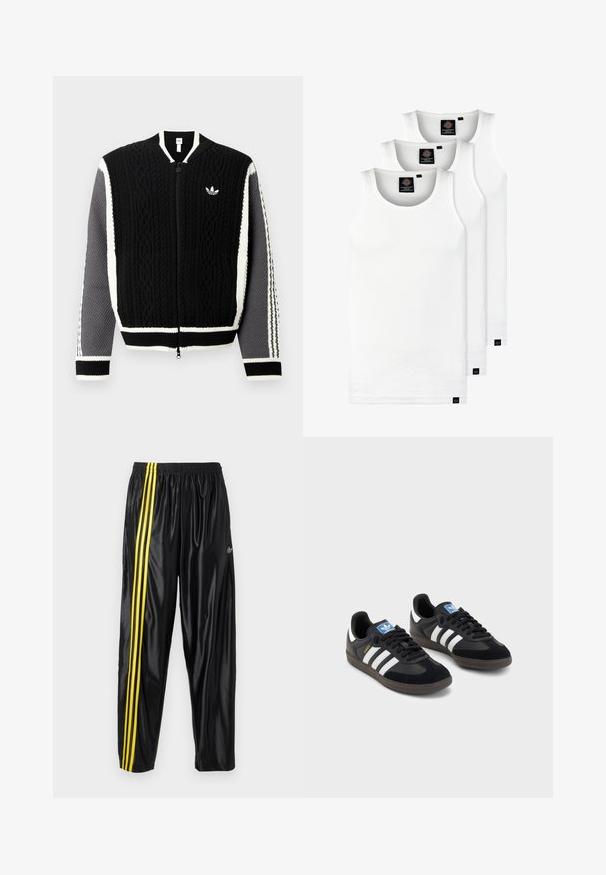 Črni pleteni pulover z zadrgo, strukturiranimi vzorci, belimi poudarki in sivimi rokavi. Ima majhen logotip na prsih in rebraste manšete.; Tri bele rebraste majice brez rokavov iz bombaža. Imajo okroglo izreza in majhne črne etikete blizu roba. Na voljo v več velikostih.; Črne športne hlače iz sijočega materiala z elastičnim pasom, po stranici so dve rumeni črti in majhna oznaka.; Črne športne copate z zgornjim delom iz semiša in sintetičnih materialov, ki imajo tri bele črte, teksturiran gumijast podplat in modro označevalno oznako na jeziku.