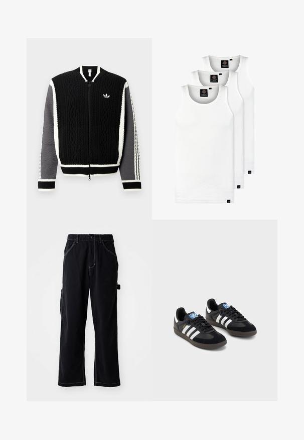 Black knitted zip-up sweater with textured patterns, white accents, and gray sleeves. Features a small logo on the chest and ribbed cuffs.; Three white ribbed tank tops made of cotton. Features a crew neck and small black labels near the hem. Available in multiple sizes.; Black cargo pants with a relaxed fit, featuring a drawstring waist, side pockets, and contrasting white stitching details.; Black sneakers with a suede and synthetic upper, featuring three white stripes, textured rubber sole, and blue logo tag on the tongue.