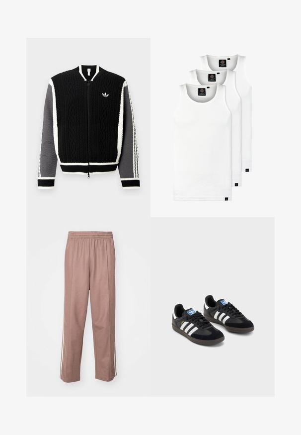 Melns adīts rāvējslēdzēja džemperis ar teksturētām rakstām, baltām detaļām un pelēkām piedurknēm. Uz krūtīm ir neliels logotips un ribveida aproces.; Trīs baltas ribotas krūšturi, kas izgatavoti no kokvilnas. Iezīmēti ar apaļu kakla izgriezumu un maziem melniem etiķetēm tuvu apakšmalai. Pieejami vairākos izmēros.; Gaiši rozā sporta bikses ar elastīgu jostu, sānu svītrām un taisnām kājām. Izgatavotas no mīksta, elastīga materiāla.; Melnas sporta apavas ar zamšādas un sintētisku augšdaļu, ar trim baltām svītrām, teksturētu gumijas zoli un zilu logo birku uz mēles.