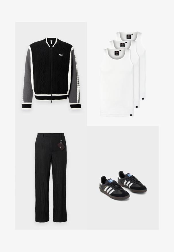 Czarny sweter na zamek z dzianiny z teksturowanymi wzorami, białymi akcentami i szarymi rękawami. Posiada małe logo na piersi oraz prążkowane mankiety.; Trzy białe prążkowane koszulki na ramiączkach wykonane z bawełny. Posiadają okrągły dekolt i małe czarne metki blisko dolnego brzegu. Dostępne w różnych rozmiarach.; Czarne, strukturalne spodnie typu wide-leg z gładkim wykończeniem i widocznymi szwami; zawierają metkę przymocowaną srebrną pętlą.; Czarne sneakersy z zamszową i syntetyczną cholewką, wyposażone w trzy białe paski, teksturowaną gumową podeszwę oraz niebieską metkę z logo na języku.