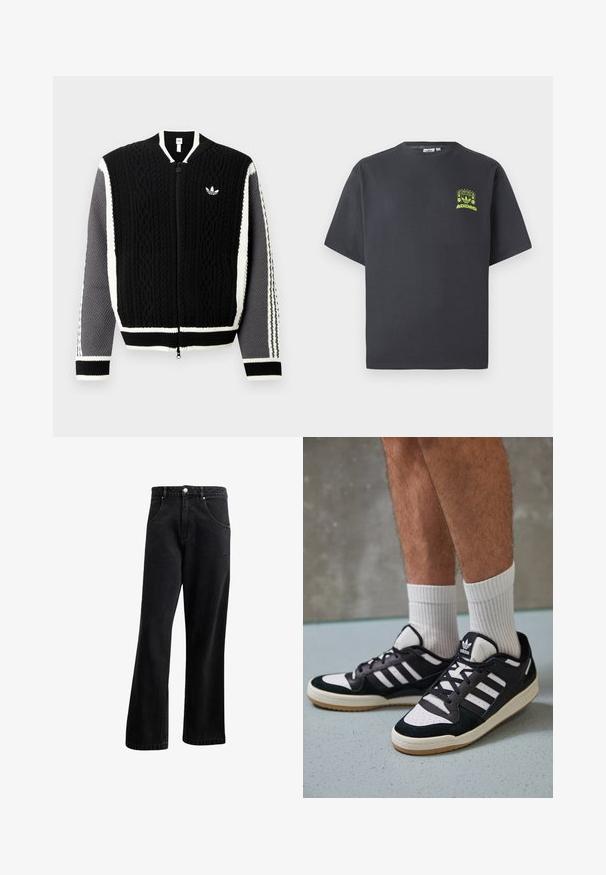 Crni pleteni džemper na patentni zatvarač s teksturiranim uzorcima, bijelim detaljima i sivim rukavima. Ima mali logotip na prsima i rebraste manžete.; Majica Adidas u boji ugljena s kratkim rukavima i malim grafikom u neon zelenoj boji koja prikazuje zvučnike, sunce i Adidas logotip na lijevoj strani prsnog koša.; Crne traperice s ravnim krojem, s prednjim džepovima, patentnim zatvaračem i blagom teksturom. Uključuje diskretan logo detalj.; Crne i bijele tenisice s gornjim dijelom od antilopa i kože, s tri bijele pruge, perforiranim prstom i gumiranim potplatom.