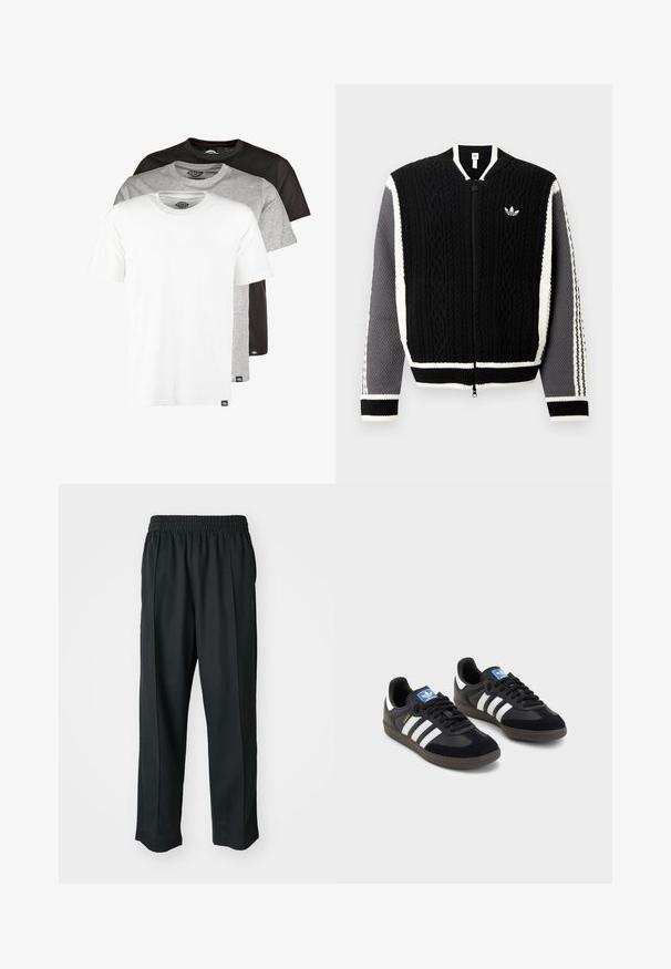 Svart strikket genser med glidelås, teksturerte mønstre, hvite detaljer og grå ermer. Har en liten logo på brystet og ribbestrikkede mansjetter.; Dickies 3 PACK - T-shirts - schwarz/grau/weiß; Sorte idrettsbukser med elastisk midje, laget av glatt stoff, med subtile sidesømmer og en avslappet passform, rett ben-design.; Svarte sneakers med overdel i semsket lær og syntetisk materiale, med tre hvite striper, strukturert gummisåle og blå logoetikett på tungen.