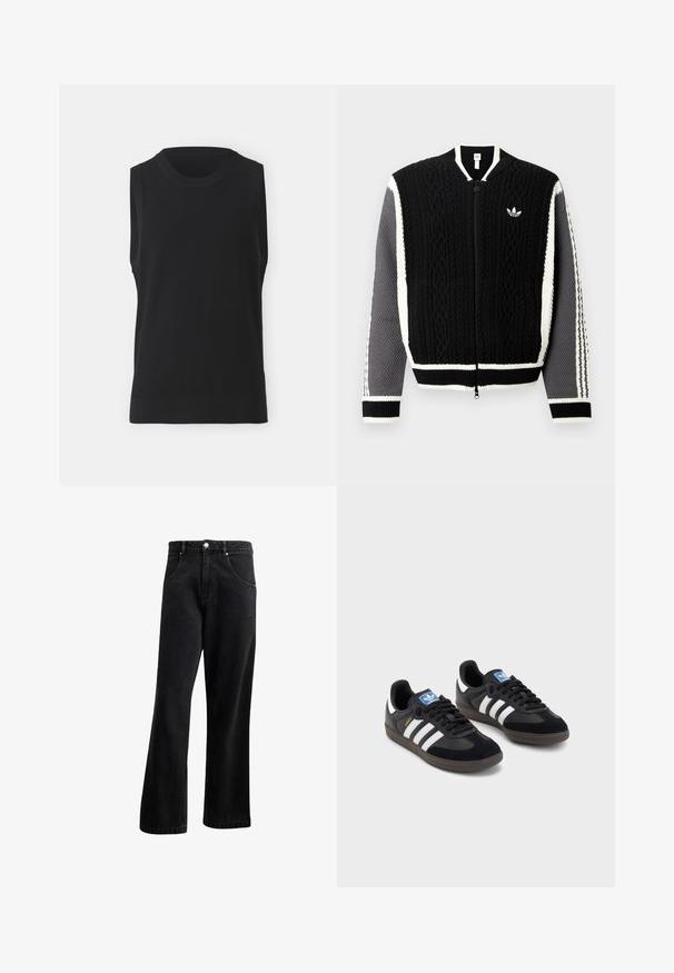 Svart stickad zip-up tröja med strukturerade mönster, vita detaljer och grå ärmar. Har en liten logga på bröstet och ribbade muddar.; DRYKORN EZRAEL - Linne - black; Svarta denimjeans med rak bendesign, med framfickor, knäppning med knapp och lätt textur. Inkluderar en subtil logotypdetalj.; Svarta sneakers med övre del av mocka och syntetmaterial, med tre vita ränder, texturerad gummisula och blå logotags på tungan.