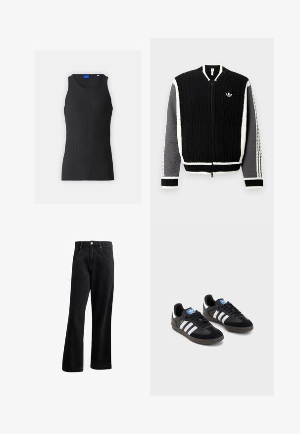 Mustast heegeldatud lukuga kampsun tekstuursete mustrite, valgete aksentide ja hallide varrukatega. Rinnal väike logo ning soonilised varrukasääred.; Musthave mustvalge ribadega T-särk, millel on ümmargune kaelus ja varrukateta disain, valmistatud pehmest, elastsetest kangast, millel on kerge läige.; Mustadest denimist valmistatud sirge säärega teksad, millel on esipocketid, nööbid ja kerge tekstuur. Lisatud on diskreetne logo detail.; Mustad tossud, mille pealseks on seemisnahk ja sünteetilised materjalid, kolme valge triibuga, tekstureeritud kummitald ja sinine logo silt keele peal.