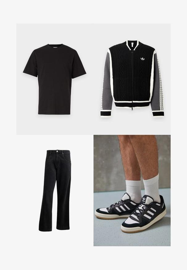 Pulover negru tricotat cu fermoar, cu modele texturate, accente albe și mâneci gri. Are un logo mic pe piept și manșete elastice.; Tricou negru din bumbac, cu guler rotund, mâneci scurte și text brodat discret pe piept. Textură fină, croi standard.; Blugi din denim negru cu un design drept, având buzunare frontale, închidere cu nasture și o textură ușoară. Include un detaliu subtil cu logo.; Adidași negri și albi cu un superior din suede și piele, prevăzuți cu trei dungi albe, un vârf perforat și o talpă din cauciuc caramel.