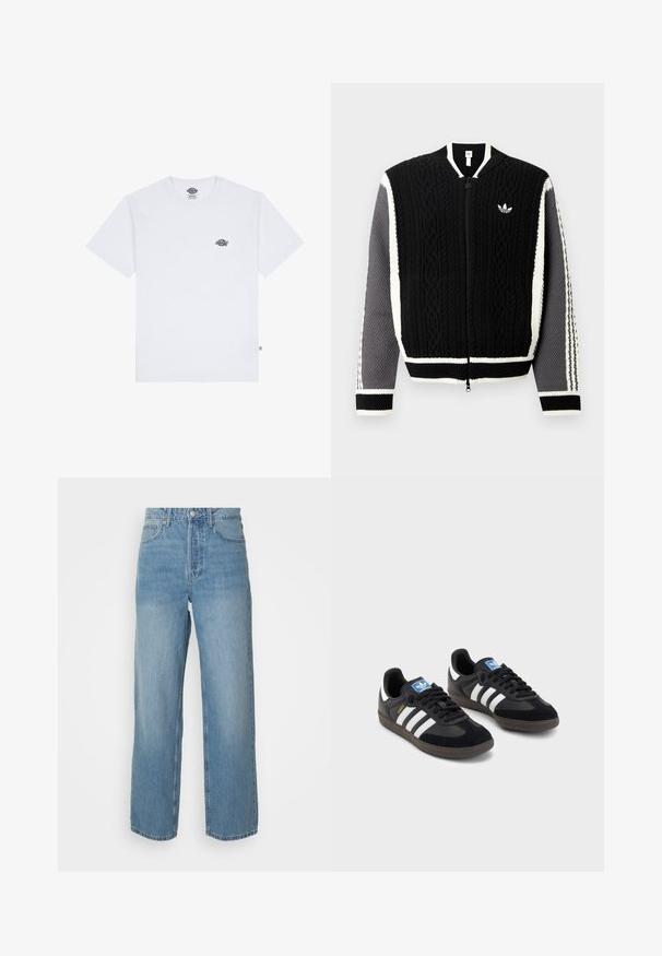 Musta neulottu vetoketjullinen neule, jossa on teksturoituja kuvioita, valkoisia yksityiskohtia ja harmaat hihat. Paidassa on pieni logo rinnassa ja resorireunukset hihoissa.; Valkoinen puuvillainen t-paita lyhyillä hihoilla, jossa on pieni musta logo rinnassa ja tagi vasemmassa alakulmassa.; Vaaleansiniset korkeavyötäröiset farkut, suorat lahkeet, etupainikekiinnitys ja five-pocket-tyyli tasaisella taustalla.; Mustat lenkkarit, joissa on mokkanahka- ja synteettinen päällinen, kolmella valkoisella raidalla, tekstuurilla varustettu kumipohja ja sininen logo-etiketti kielellä.