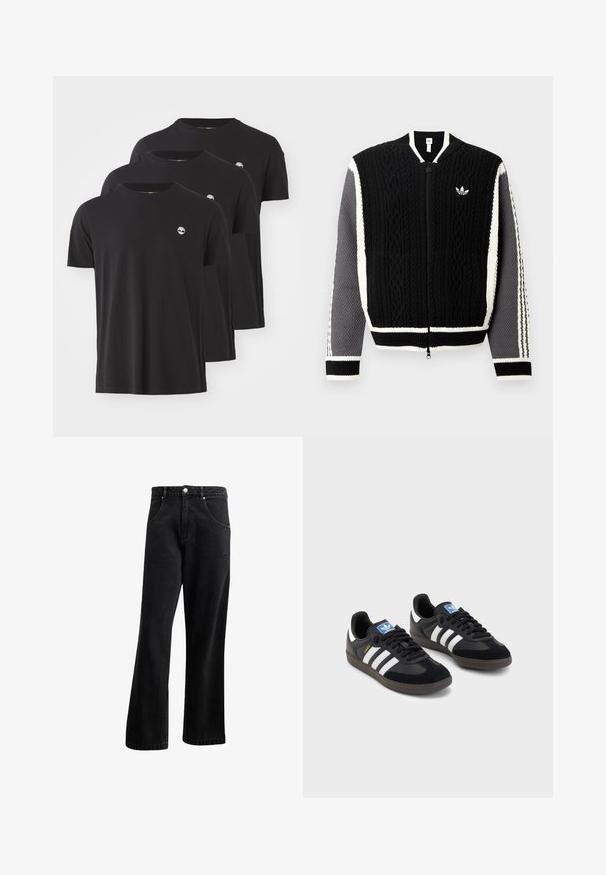 Fekete kötött cipzáros pulóver texturált mintákkal, fehér díszítésekkel és szürke ujjakkal. Kis logó található a mellrészen és bordázott mandzsetták vannak.; Három fekete pamut póló kerek nyakkal, rövid ujjakkal és egy kis fehér logóval a bal mellrészen. Simaszerkezet és normál szabás.; Fekete farmer jeans egyenes szárú fazonnal, elülső zsebekkel, gombos záródással és enyhe textúrával. Diszkrét logódísz is található rajta.; Fekete sportcipők, velúrból és szintetikus anyagból készült felsőrésszel, három fehér csíkkal, textúrázott gumitalppal és kék logó címkével a nyelvén.