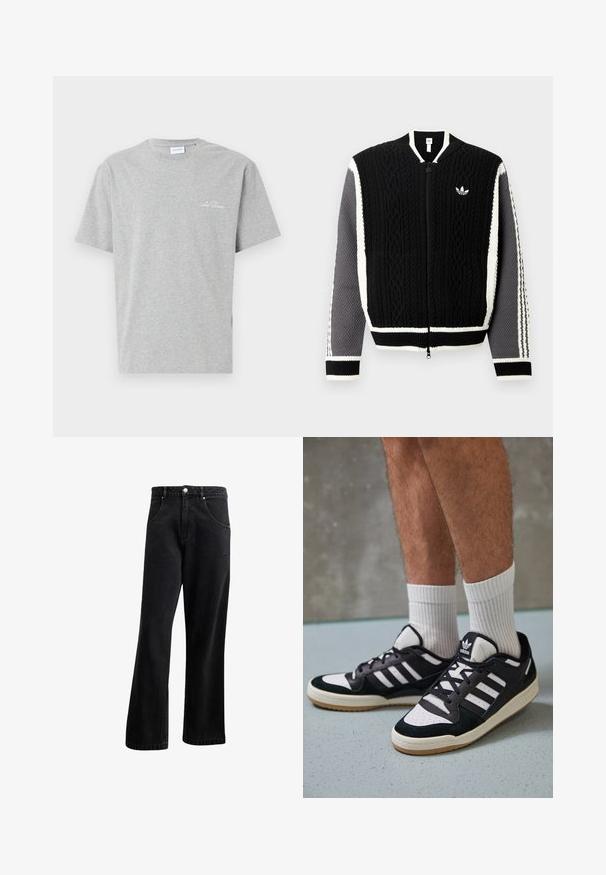 Černý pletený svetr na zip s texturovanými vzory, bílými doplňky a šedými rukávy. Na prsou má malé logo a žebrované manžety.; Šedé bavlněné tričko s kulatým výstřihem a krátkými rukávy, se subtilním vyšitým textem na hrudi a detailem postranního rozparku.; Černé džíny z denimu se střihem rovného nohavice, s předními kapsami, zapínáním na knoflík a mírnou texturou. Obsahují jemný detail s logem.; Černobílé tenisky s vrchní částí z semišové a kožené kůže, včetně tří bílých pruhů, perforovaného špičky a podrážky z gumy.