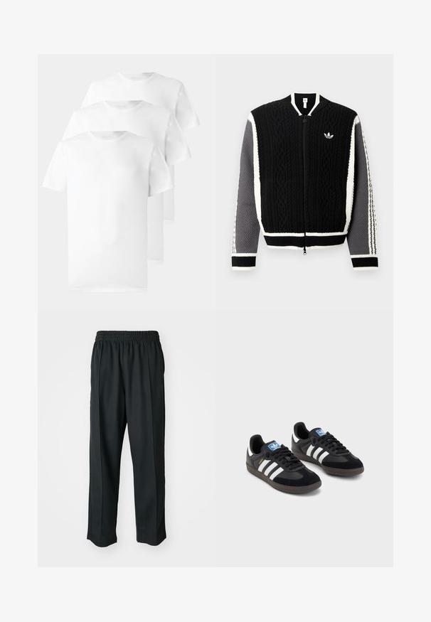 Maglione nero con cerniera in maglia con motivi testurizzati, dettagli bianchi e maniche grigie. Presenta un piccolo logo sul petto e polsini a coste.; Tre t-shirt bianche in cotone, con collo rotondo, maniche corte e una superficie liscia e uniforme, senza motivi o decorazioni visibili.; Pantaloni sportivi neri con vita elastica, realizzati in tessuto liscio, con cuciture laterali sottili e un fit rilassato, design a gamba dritta.; Sneakers neri con tomaia in suede e materiale sintetico, caratterizzati da tre strisce bianche, suola in gomma testurizzata e etichetta blu sul linguetta.