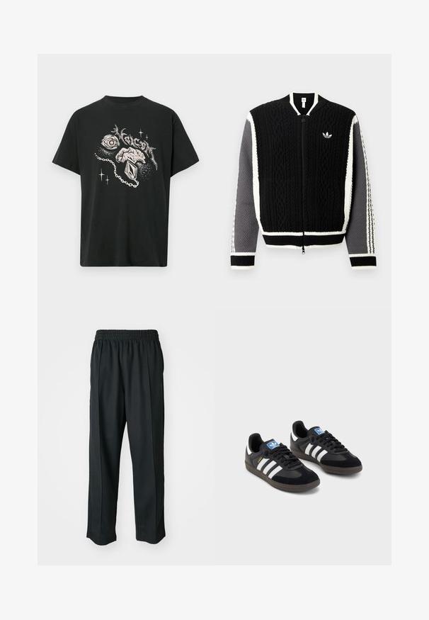 Zwarte gebreide ritsvest met gestructureerde patronen, witte accenten en grijze mouwen. Voorzien van een klein logo op de borst en geribbelde boorden.; Zwarte t-shirt met een witte grafiek van een oog, een hand die een hanger vasthoudt, abstracte vormen en gestileerde tekst erboven.; Zwarte sportbroek met een elastische tailleband, gemaakt van gladde stof, met subtiele zijnaad en een relaxte pasvorm, recht gesneden.; Zwarte sneakers met een bovenwerk van suède en synthetisch materiaal, voorzien van drie witte strepen, een gestructureerde rubberen zool en een blauw logo-label op de tong.