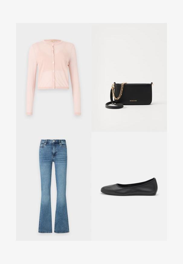 Rosa, kürzer geschnittene Strickjacke aus weichem Strickstoff, mit langen Ärmeln und rundem Halsausschnitt. Sechs Knöpfe entlang der Vorderseite mit gerippten Bündchen.; Weißes ärmelloses Tanktop aus weichem, geripptem Stoff; hat dünne Träger und einen runden Halsausschnitt, das Etikett trägt die Aufschrift "FRAME."; Flared-Jeans aus Denim in heller Blaufärbung; mit hoher Taille, genähten Nähten und einem leichten Verblassen am unteren Ende der Beine.; Schwarze Leder-Ballettschuhe mit abgerundeter Spitze, glatter Textur, minimalen Nähdetails und einem flexiblen Sohlen-Design.; Schwarze Leder-Clutch mit goldener Kettenakzent, glatter Texture und goldener Logo-Details. Inklusive einem verstellbaren Tragegurt für Vielseitigkeit.