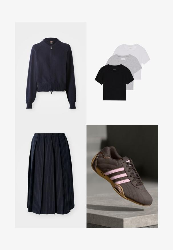 Majica s patentnim zatvaračem tamnoplave boje s rebrastim donjim rubom i manžetama. Opremljena je okruglim izrezom i rukavima raglan kroja, izrađena od mekanog pletenog materijala.; Set od tri majice kratkih rukava u crnoj, sivoj i bijeloj boji. Izrađene od pamuka, s okruglim izrezom i jednostavnim, jednobojnim dizajnom.; Tamno plava plisirana suknja od lagane tkanine, s vertikalnim bijelim prugicama i elastičnom strukom za udobno prianjanje.; Smeđi suedeski atletski tenisice s ružičastim prugama i logotipom, s teksturiranim gornjim dijelom, vezanjem na vezice i gumiranim potplatom.