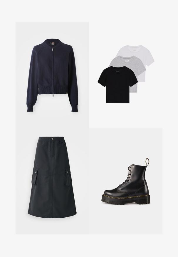 Navy krāsas zip-up džemperis ar ribotām apdari un aprocēm. Iezīmē apaļu kaklu un raglanu piedurknēm, kas izgatavotas no mīksta dzijas materiāla.; Trīs īsām piedurknēm T-krekli melnā, pelēkā un baltā krāsā. Izgatavoti no kokvilnas, ar apaļu kakla izgriezumu un vienkāršu, viendabīgu krāsas dizainu.; Melnas vidukļa svārki līdz teļiem, izgatavoti no viegla auduma, ar elastīgu jostu, divām kabatām un vieglu spīdumu.; Melnas ādas lakotās potītes ar masīvu melnu zoli un dzelteno šuvju. Izvērsta cilpa aizmugurē un apaļie metāla acu caurumi.