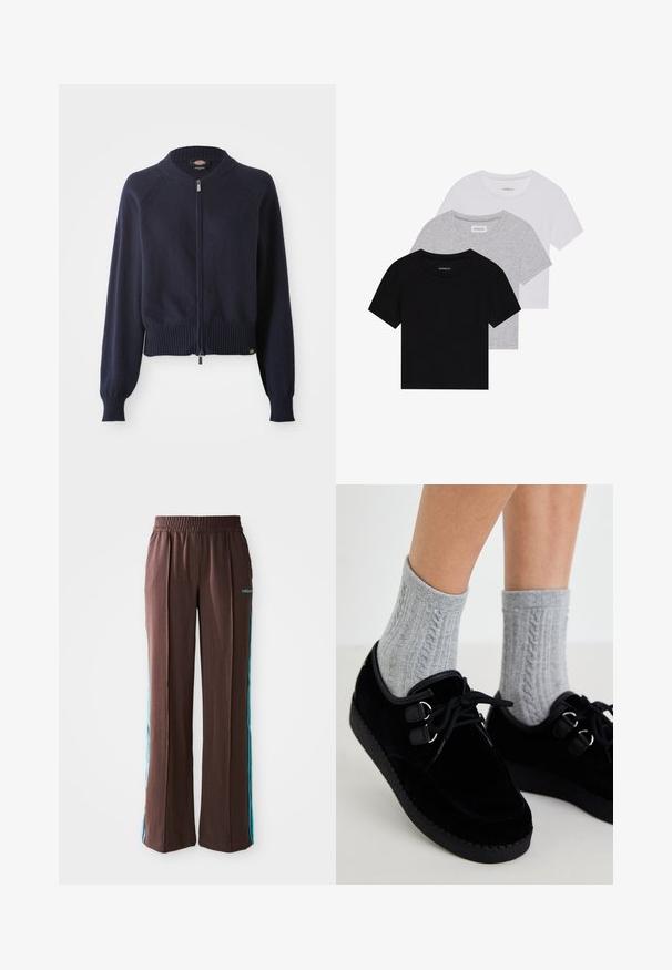 Majica s patentnim zatvaračem tamnoplave boje s rebrastim donjim rubom i manžetama. Opremljena je okruglim izrezom i rukavima raglan kroja, izrađena od mekanog pletenog materijala.; Set od tri majice kratkih rukava u crnoj, sivoj i bijeloj boji. Izrađene od pamuka, s okruglim izrezom i jednostavnim, jednobojnim dizajnom.; Smeđe atletske hlače s rebrastom teksturom, elastičnim pojasom i tirkiznim bočnim trakama. Na prednjem dijelu nalazi se adidas logo.; Crne baršunaste cipele s ravnim potplatima, okruglim vrhom i duplim rupicama za vezanje. Nošene s sivim čarapama s pletenim uzorkom. Glatka textura i jednostavan dizajn.